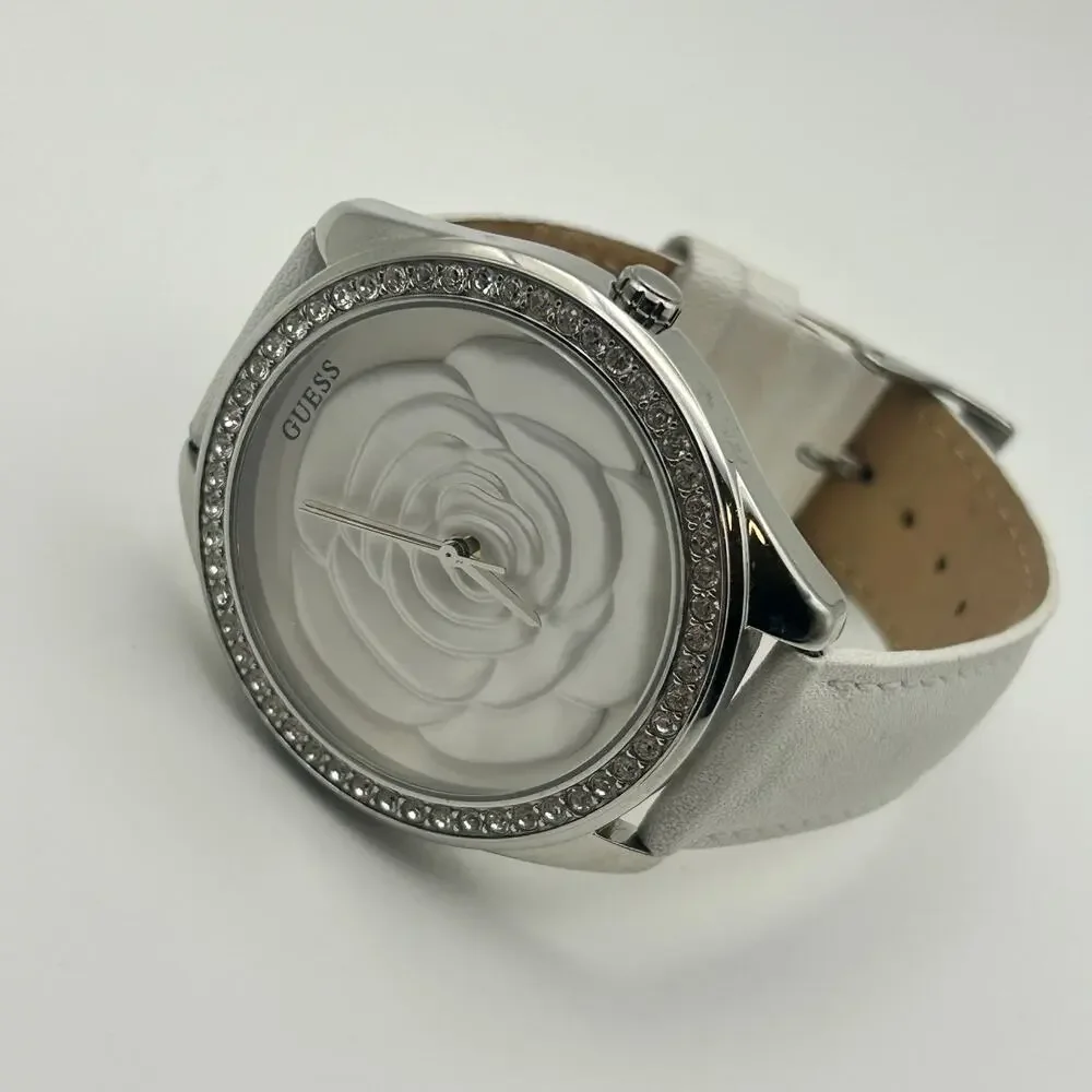 Guess Rosette Silver Crystals White Leather Women’s Watch Working New Battery - Picture 3 of 8